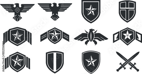 A collection of military-inspired emblems and shields featuring stars and eagles in black and white vector style, suitable for branding and logos