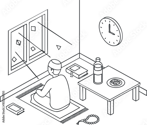 A person sitting in front of a window with a clock, a table with snacks, and minimal outline vector style, suitable for wellness and lifestyle illustrations