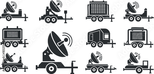 A collection of satellite dishes mounted on trailers in black and white vector style, suitable for technology and communication projects
