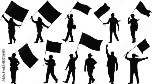 Silhouettes of people holding and waving black flags waving flag holding flag