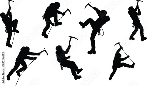 Silhouettes of mountaineers climbing with ice axes and ropes on white background Keywords: silhouette, climber, mountaineer