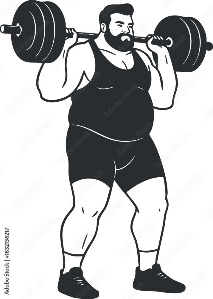 Obraz premium A muscular man lifting a barbell in black and white outline vector style, ideal for fitness and gym-related designs