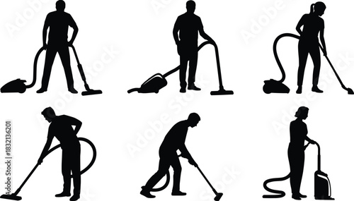 Silhouettes of people vacuuming floors with cleaning machines on white background person vacuum cleaner