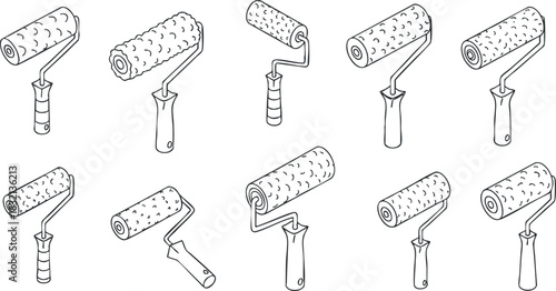 A collection of paint rollers in outline vector style, suitable for home improvement and DIY projects