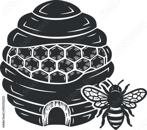 A bee and a honey hive with hexagonal cells in black and white vector style, suitable for eco-friendly projects and organic product branding