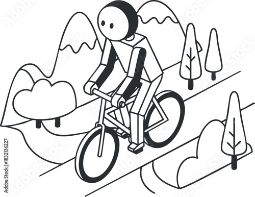 A cyclist riding a bicycle through a mountainous landscape with trees in minimalist line art vector style, suitable for health and fitness themes