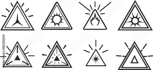A collection of eight warning triangle icons with various explosive and alert symbols in clean outline vector style, suitable for safety signage and graphic design