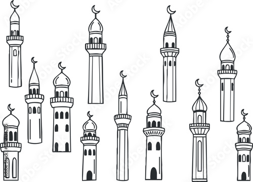 A collection of various minarets and mosque towers in black outline vector style, suitable for religious or cultural designs