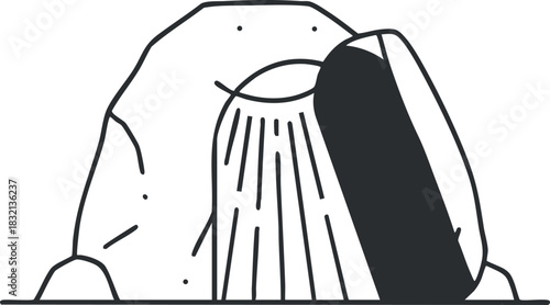 A minimalist illustration of a waterfall cascading from a rock formation in black and white vector style, ideal for nature-themed designs