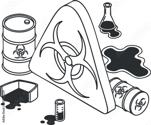 A collection of hazardous waste symbols including biohazard signs, barrels, flasks, and spilled liquid in black and white outline vector style, suitable for safety and environmental awareness projects