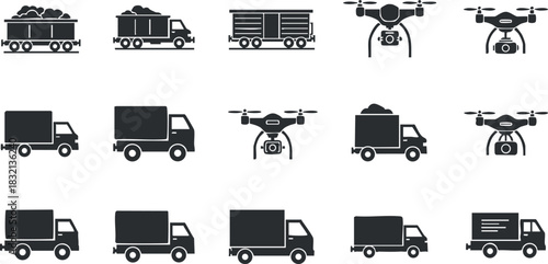 A collection of delivery trucks and drones in black and white flat vector style, suitable for logistics and transportation design