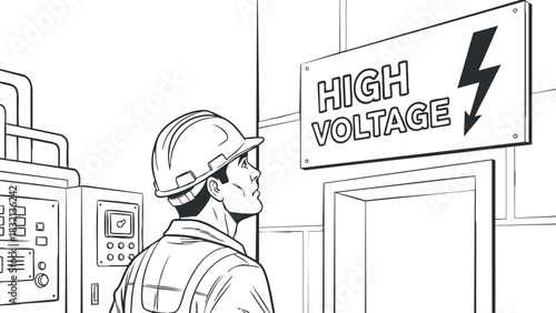 A male worker in a helmet looking up at a high voltage warning sign in black and white outline vector style, ideal for safety training materials