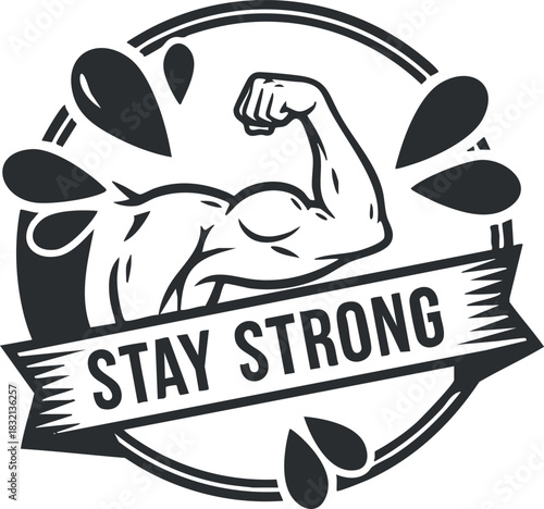 A strong bicep flexing with a splash design in black and white vector style, ideal for fitness branding and motivational posters