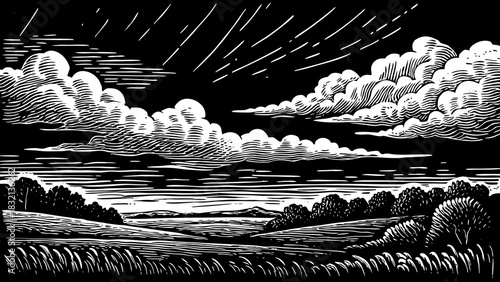 Bright fluffy cumulus clouds floating across a wide blue summer sky black and white, creating a peaceful uplifting atmosphere over the warm open landscape with soft natural lighting