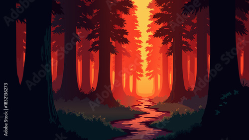 Majestic Anime Vector Redwood Forest Sunset Background