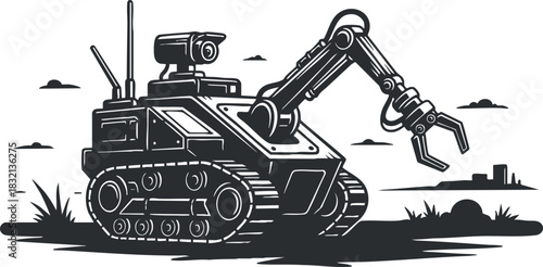 A robotic vehicle with a mechanical arm in black and white vector style, ideal for technology and engineering projects