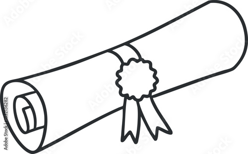 A rolled diploma certificate with a ribbon and seal in black outline vector style, ideal for educational themes and celebrations