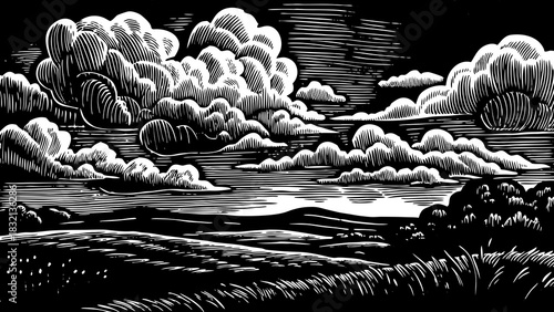 Bright fluffy cumulus clouds floating across a wide blue summer sky black and white, creating a peaceful uplifting atmosphere over the warm open landscape with soft natural lighting