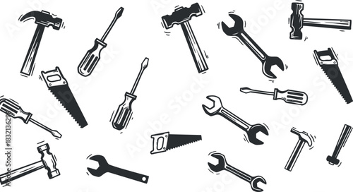 A collection of hand tools including hammers, wrenches, and screwdrivers in black and white vector style, ideal for construction and repair projects