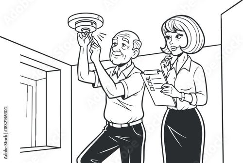 A man installing a smoke detector on the ceiling while a woman checks a clipboard in black and white vector style, ideal for home safety and maintenance guides