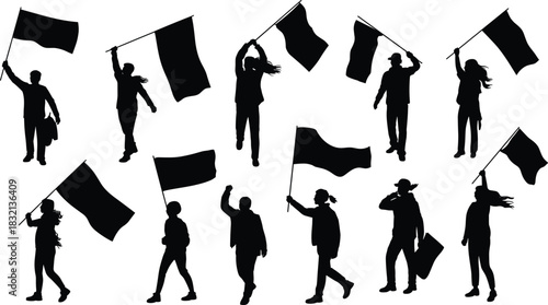 Silhouettes of People Waving Flags in Various Poses and Styles person protest