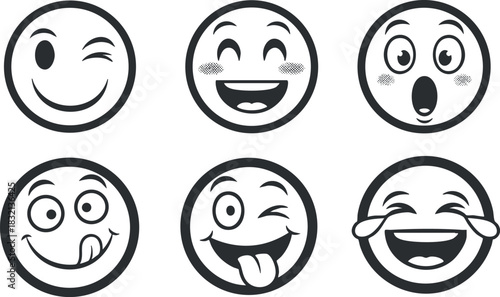A set of six expressive smiley faces in black and white vector style, perfect for digital communication and design projects