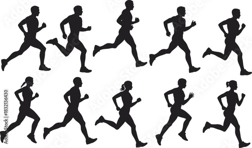 Collection of diverse male and female running silhouettes in motion, illustrating fitness, marathon training, active lifestyle, competitive sports, and healthy achievement