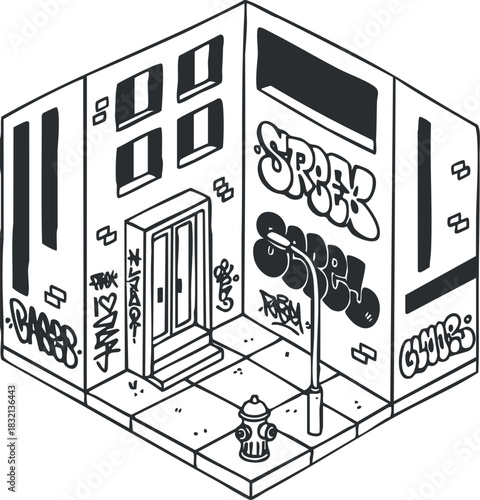 An isometric illustration of an urban street corner featuring a building with graffiti, a door, and a fire hydrant in black and white vector style, ideal for urban art projects