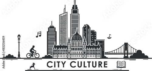 A vibrant city skyline featuring iconic buildings, a cyclist, musical notes, and a bridge in black and white vector style, perfect for urban lifestyle themes