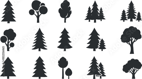 A collection of various tree silhouettes in black vector style, ideal for nature-themed designs and environmental projects