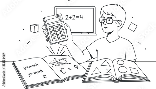 A student using a calculator while studying math equations and geometry symbols in black and white outline vector style, suitable for educational materials