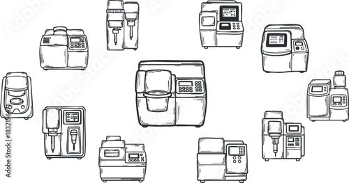 A collection of various kitchen appliances in a hand-drawn outline vector style, perfect for culinary design projects