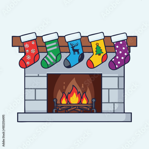 Christmas stockings hanging on fireplace mantle vector
