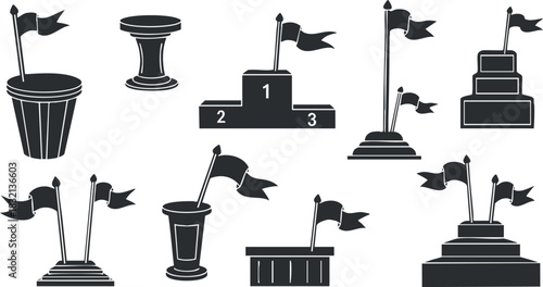 A collection of trophies and podiums with flags in black outline vector style, ideal for award ceremonies and competition graphics