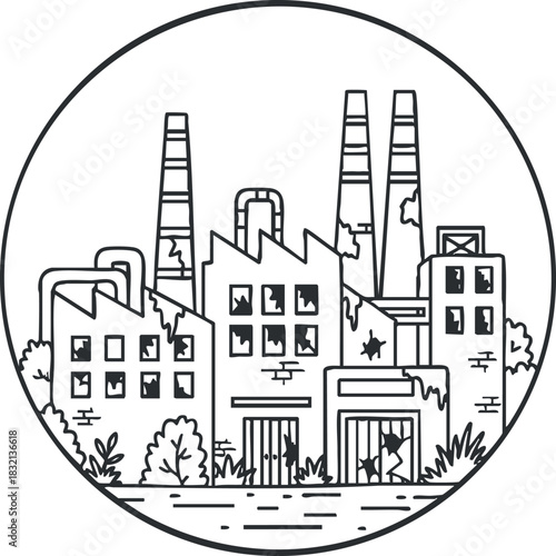 An abandoned factory complex with smokestacks and dilapidated buildings in outline vector style, suitable for urban decay themes and environmental awareness projects