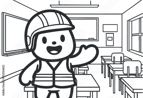 A cheerful cartoon character in a safety helmet and vest standing in a classroom in black and white outline style, perfect for educational materials and children's content