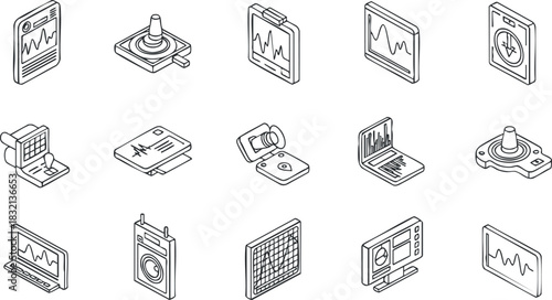 A set of health and technology icons featuring various medical monitoring devices in minimalist outline vector style, suitable for healthcare applications