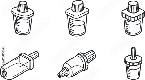 A set of various liquid dispensing containers in clean outline vector style, ideal for culinary and kitchen design projects