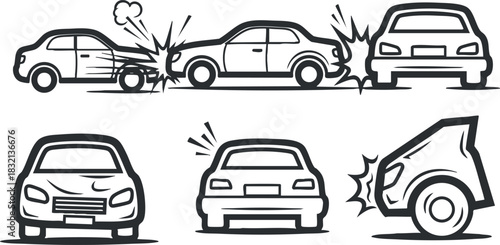 A set of car collision illustrations in black and white outline style, suitable for automotive safety and educational materials