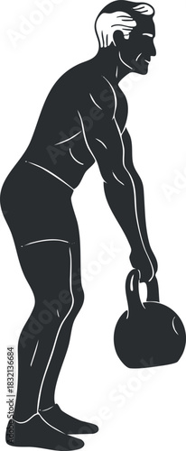 A man performing a kettlebell lift in black and white minimalist vector style, ideal for fitness and gym branding
