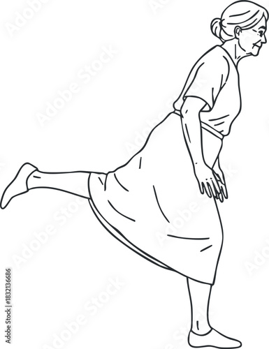 An elderly woman performing a fitness exercise in a minimalist black and white vector style, suitable for health and wellness projects