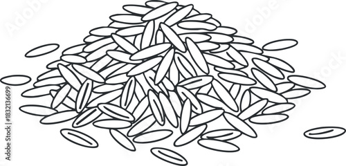 A pile of uncooked rice grains in a minimalist outline vector style, suitable for culinary design and food-related projects