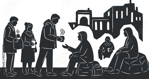 A group of people engaging in a charitable act of helping the homeless in a black and white minimalist vector style, suitable for social awareness campaigns