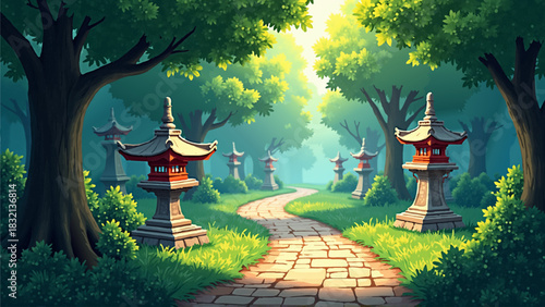 Anime Style Sun-Dappled Forest Path Vector Background with Stone Lanterns