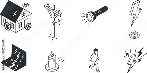 A collection of electricity-related icons including a house, utility pole, flashlight, candle, and lightning in minimalist black and white vector style, ideal for safety and emergency contexts