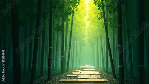Detailed Anime Vector Bamboo Grove Background at Dawn