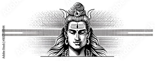 Black and white Lord Shiva line art with halftone engraving style for spiritual design, ideal for spiritual design, tattoo concepts, meditation themes, and sacred artwork.