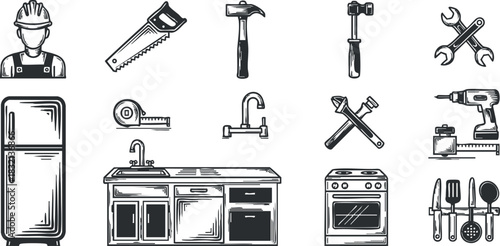 A collection of kitchen tools and appliances including a refrigerator, sink, oven, and various tools in black and white vector style, ideal for home improvement projects.