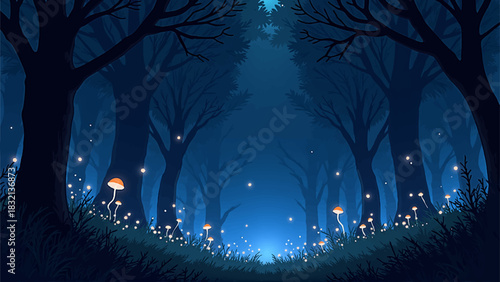 Detailed Anime Vector Twilight Forest Background with Fireflies and Glowing Fungi