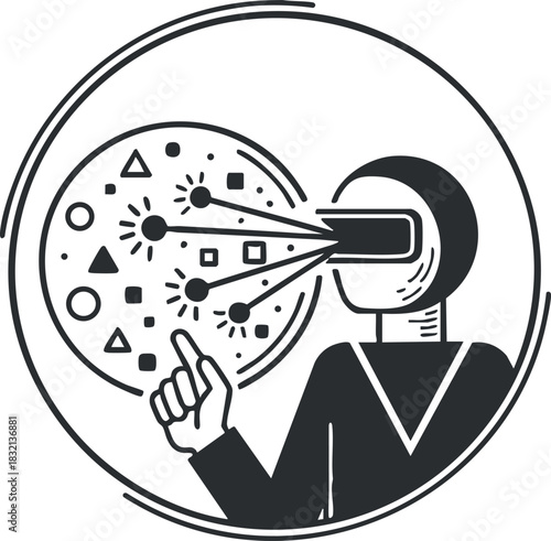 A person wearing a virtual reality headset interacting with abstract shapes and symbols in a geometric black and white vector style, ideal for tech and gaming projects